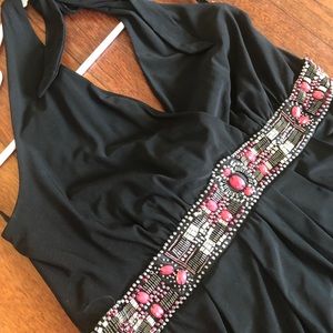 WHBM stretchy black halter dress with coral/silver